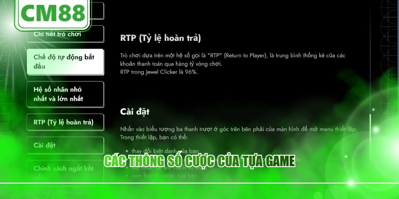 Các thông số cược của tựa game